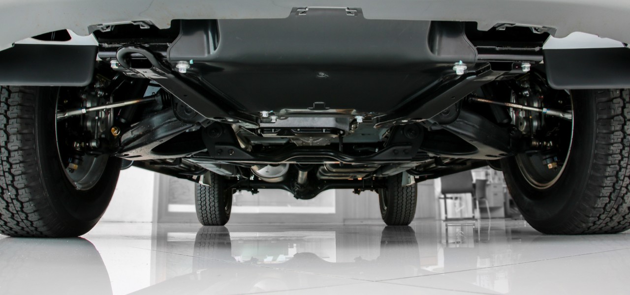 View of vehicle undercarriage.
